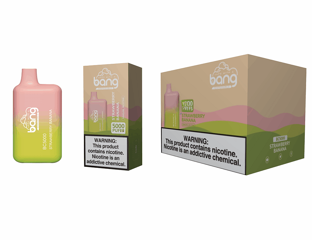 Dispositivo de vaporização descartável Bang e embalagem com sabor morango e banana, com "5000 tragadas" e um rótulo de advertência de nicotina na caixa.