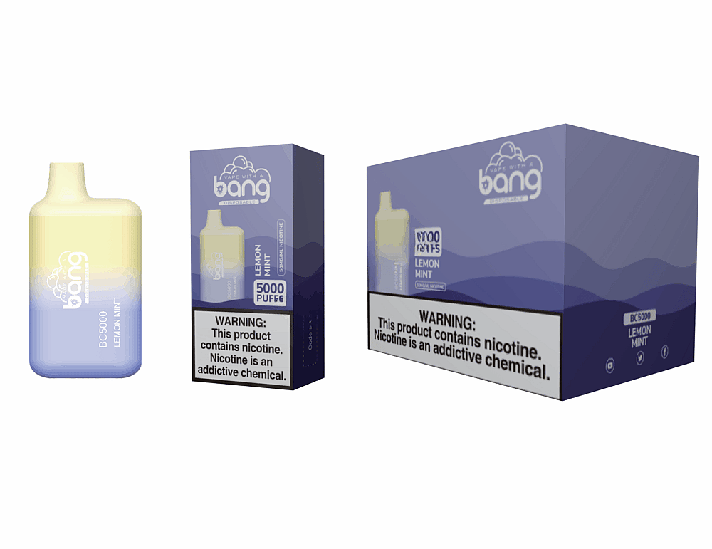 Vape descartável Bang BC5000 sabor limão e menta com 5.000 tragadas, mostrado junto com a embalagem exibindo o aviso de nicotina e a marca do produto.