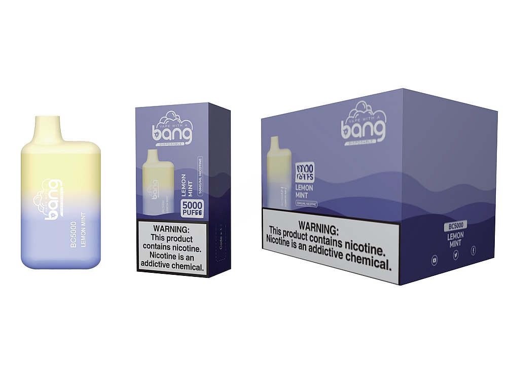 Sigaretta elettronica usa e getta Bang BC5000 al gusto di menta e limone con 5000 boccate, mostrata accanto alla confezione che riporta l'avvertenza sulla nicotina e il marchio del prodotto.