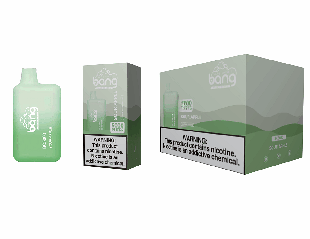 Um dispositivo de vaporização Bang BC5000 Sour Apple verde ao lado da embalagem e caixa, com um rótulo de advertência de nicotina.