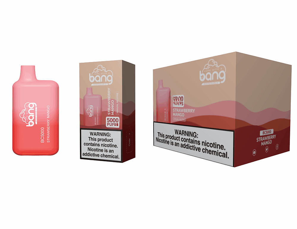 Vape descartável Bang BC5000 Strawberry Mango com embalagem, mostrando 5000 tragadas e rótulo de advertência de nicotina.