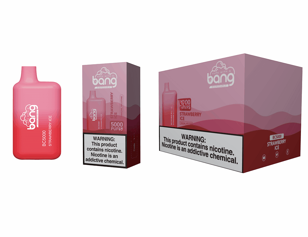 Dispositivo de vaporização Bang BC5000 Strawberry Ice, mostrado junto com sua embalagem, apresentando um design gradiente rosa e vermelho com um rótulo de advertência de nicotina.