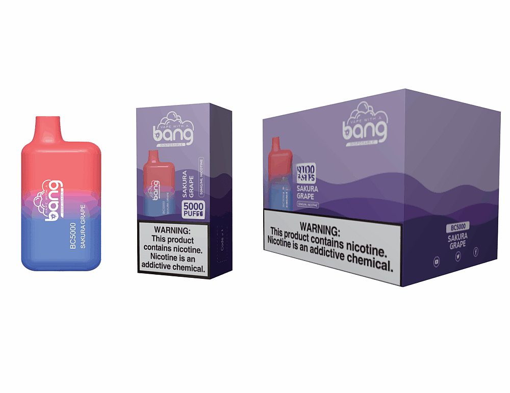 Vape Bang BC5000 com sabor Sakura Grape, oferecendo 5000 tragadas, com embalagem exibindo um design gradiente roxo e texto de advertência de nicotina.