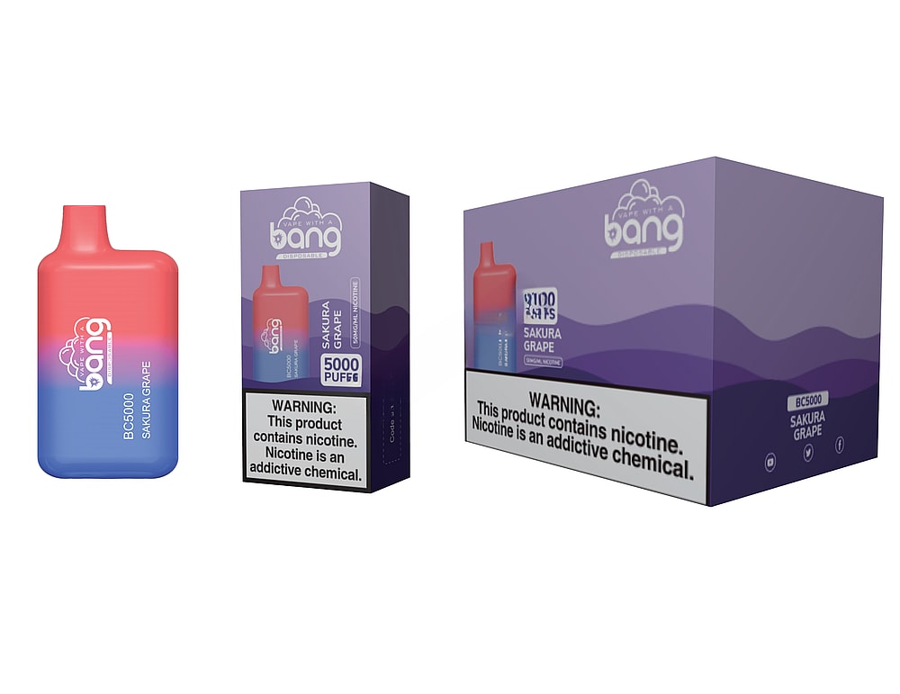 Bang BC5000 vape al gusto Sakura Grape, che offre 5000 boccate, con una confezione che presenta un design sfumato viola e un testo di avvertenza sulla nicotina.