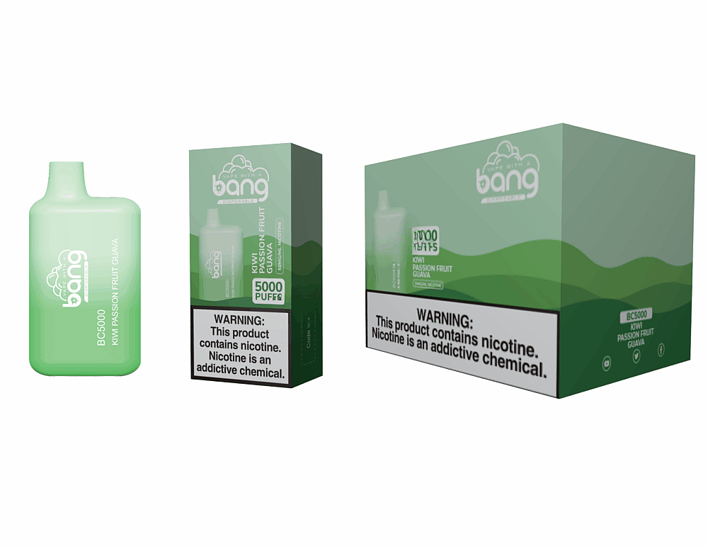 Um dispositivo de vaporização verde rotulado como "Bang BC5000 Kiwi Passion Fruit Guava" ao lado da caixa de embalagem correspondente, exibindo a mesma marca e um aviso de nicotina.