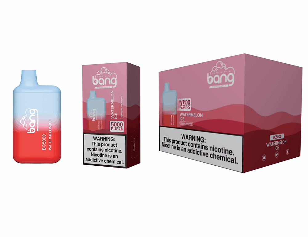 Dispositivo de vaporização descartável Bang BC5000 com sabor de melancia, mostrado com embalagem exibindo "5000 tragadas" e rótulo de advertência de nicotina.