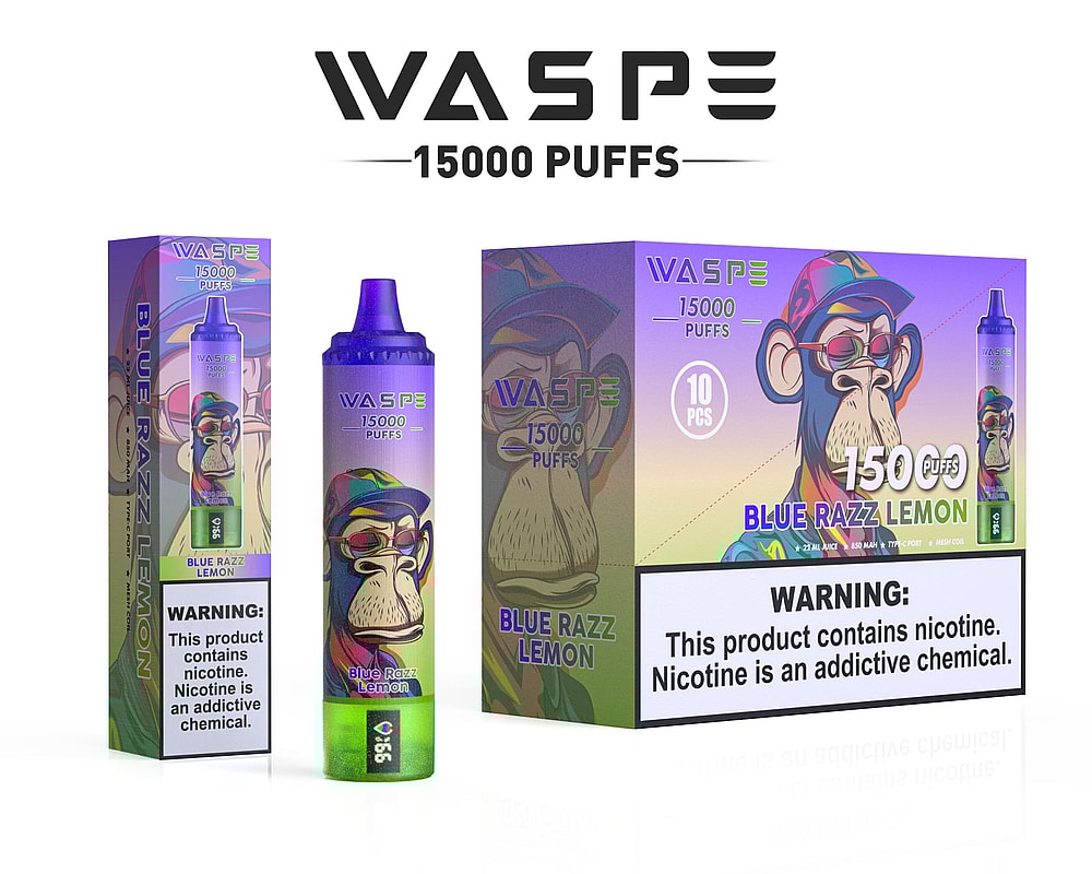 "WASPE 15000 boccate al gusto Blue Razz Lemon con una colorata scimmietta dei cartoni animati sulla confezione, inclusa un'avvertenza sulla dipendenza da nicotina."