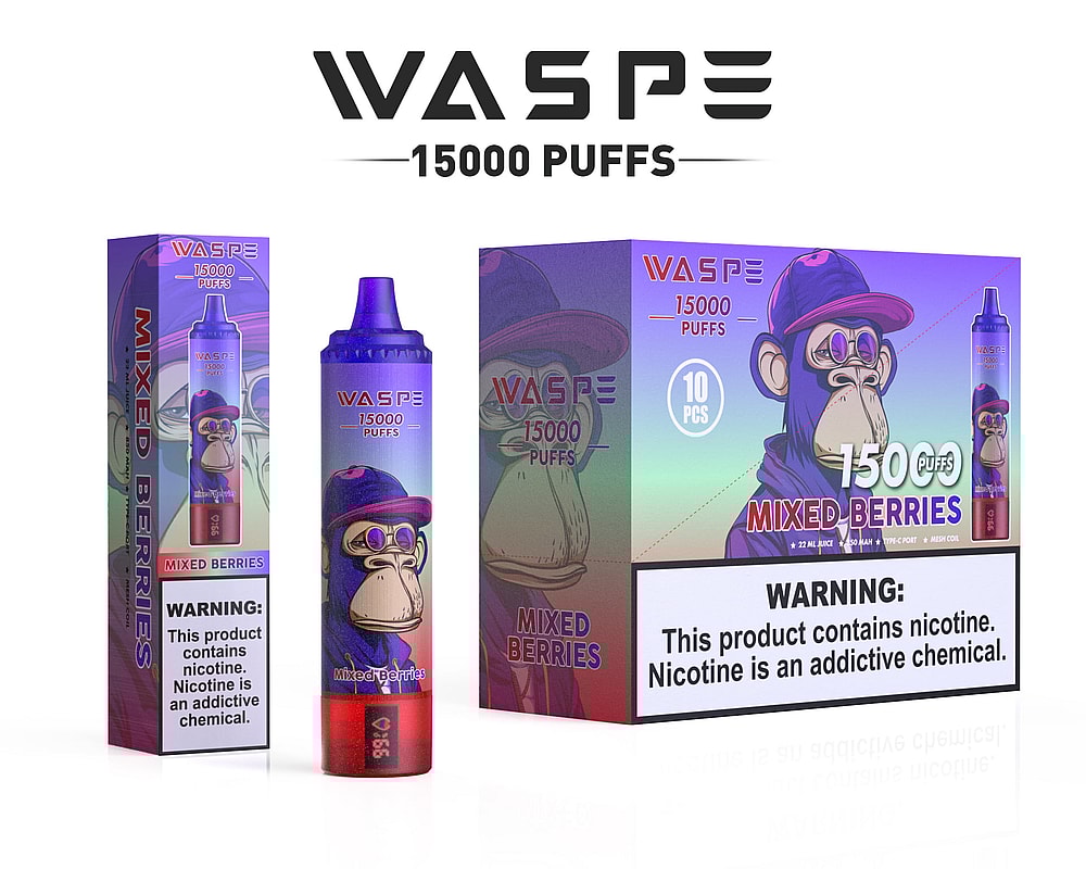 Una confezione di dispositivo per svapo "WASPE" che mostra 15000 boccate con aroma di frutti di bosco misti, raffigurante una scimmia stilizzata con occhiali da sole e un cappello. Etichette di avvertimento sulla dipendenza da nicotina sono visibili sulla scatola e sullo svapo.