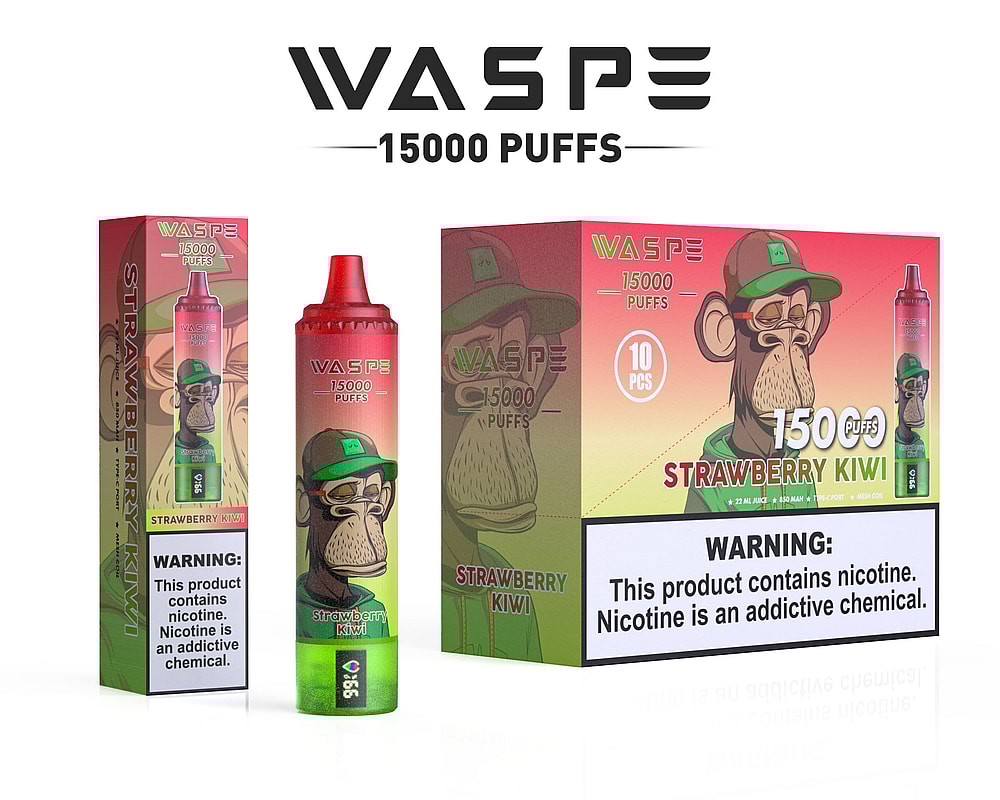 Design del packaging per WASPE vape con 15.000 tiri al gusto fragola e kiwi, raffigurante una scimmia dei cartoni animati che indossa un cappello verde e una felpa con cappuccio. Il packaging include un dispositivo per svapare, una scatola con 10 pezzi e un avviso sanitario sulla dipendenza da nicotina.