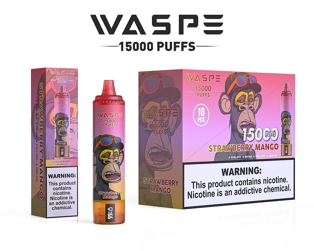 Packaging e design del prodotto di un dispositivo per svapare marchiato "WASPE" con 15.000 boccate, aroma fragola e mango, con l'illustrazione di una scimmia che indossa occhiali da sole. L'etichetta di avvertenza che indica il contenuto di nicotina e la sua natura addictive è ben visibile.