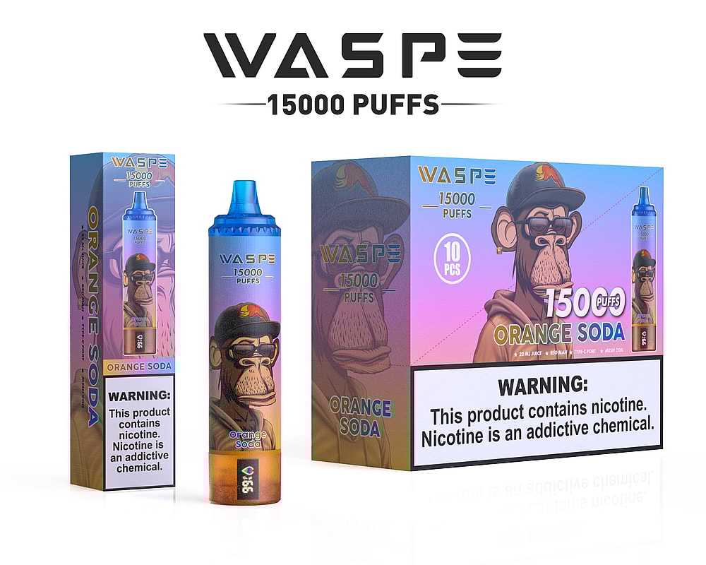 Immagine di uno svapo monouso WASPE da 15000 puff con aroma "Orange Soda", raffigurante una scimmia dei cartoni animati con occhiali e cappello sulla confezione. L'etichetta di avvertenza indica il contenuto di nicotina.