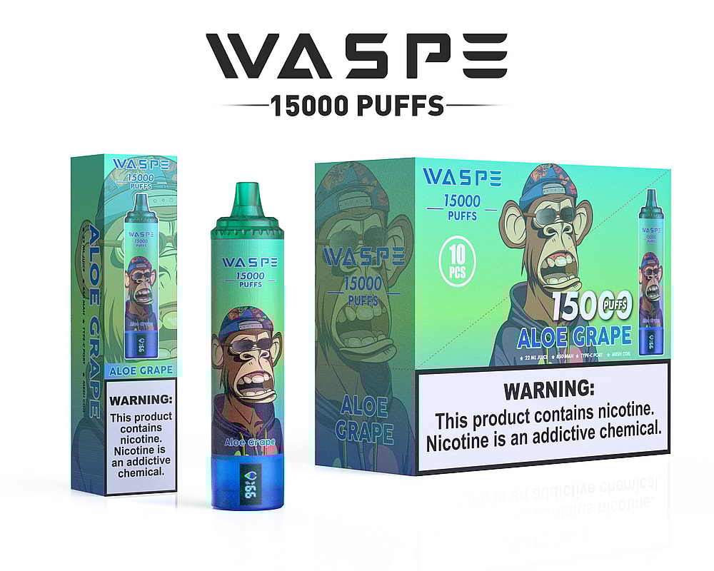 Una confezione per un prodotto da svapo con il marchio "WASPE" raffigurante una scimmia stilizzata, le scritte "Aloe Grape" e "15000 Puffs", accompagnate da un'avvertenza sulla dipendenza da nicotina.