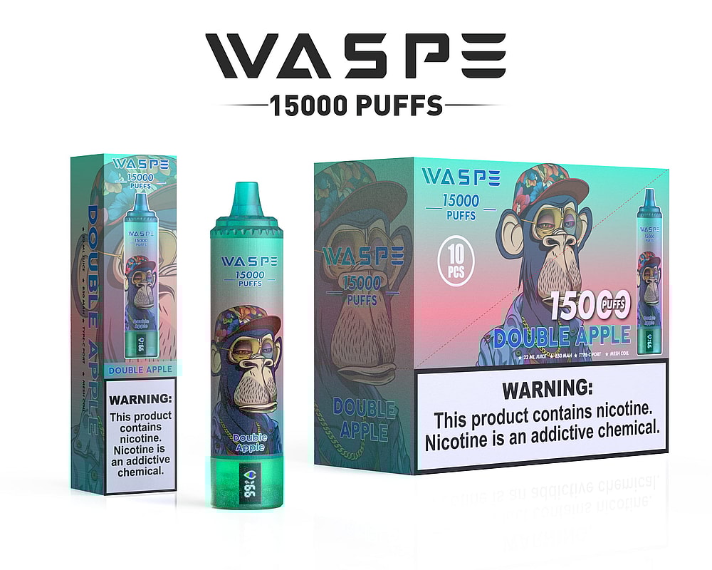 WASPE 15000 Puffs vape monouso con aroma Double Apple, caratterizzato da una confezione colorata con una scimmia illustrata che indossa occhiali da sole e un berretto. La confezione include un'etichetta di avvertenza sulla nicotina.
