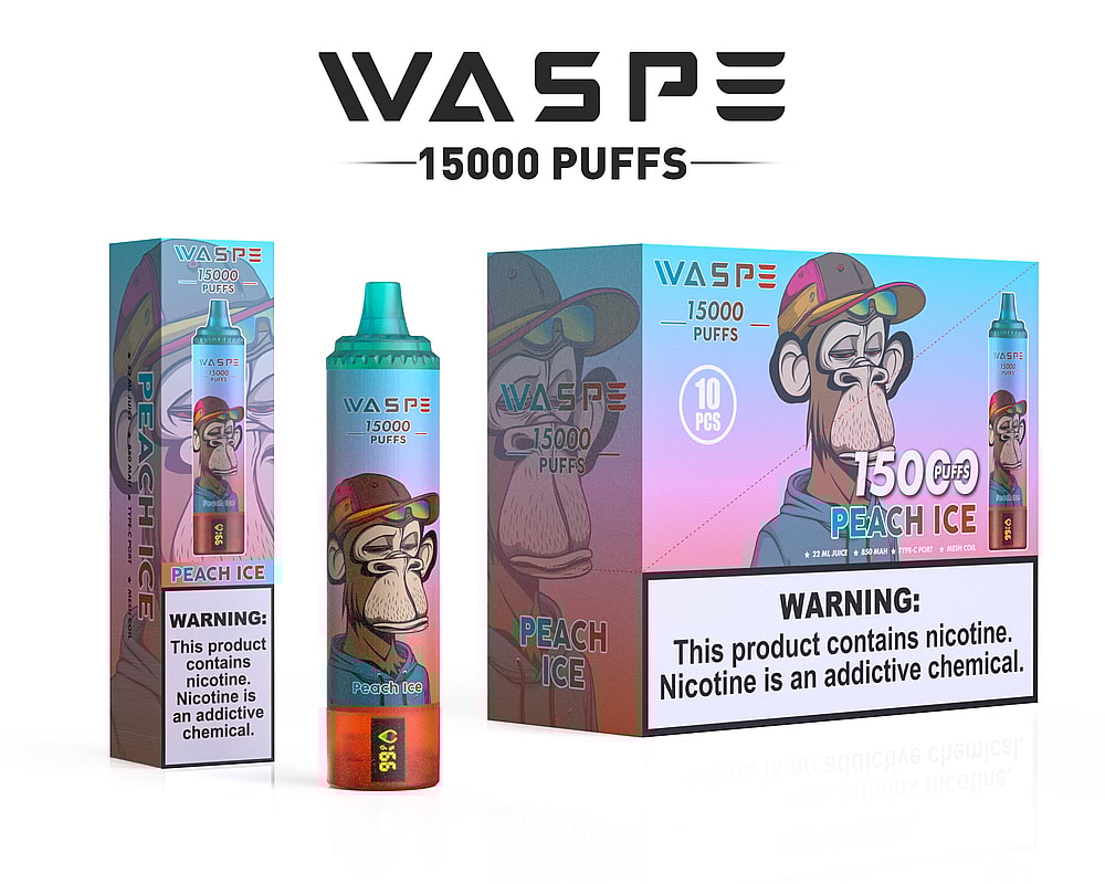 Una confezione di un prodotto per svapare WASPE con un aroma "Peach Ice", raffigurante un personaggio dei cartoni animati che indossa un cappello e occhiali da sole, un testo che indica "15.000 boccate" e un'etichetta di avvertenza sulla nicotina.