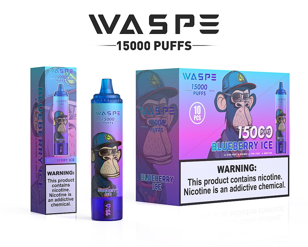 Sigaretta elettronica usa e getta WASPE Blueberry Ice, raffigurante una scimmia che indossa occhiali da sole e un berretto sulla confezione, con l'indicazione di 15.000 boccate e un'avvertenza sulla nicotina.