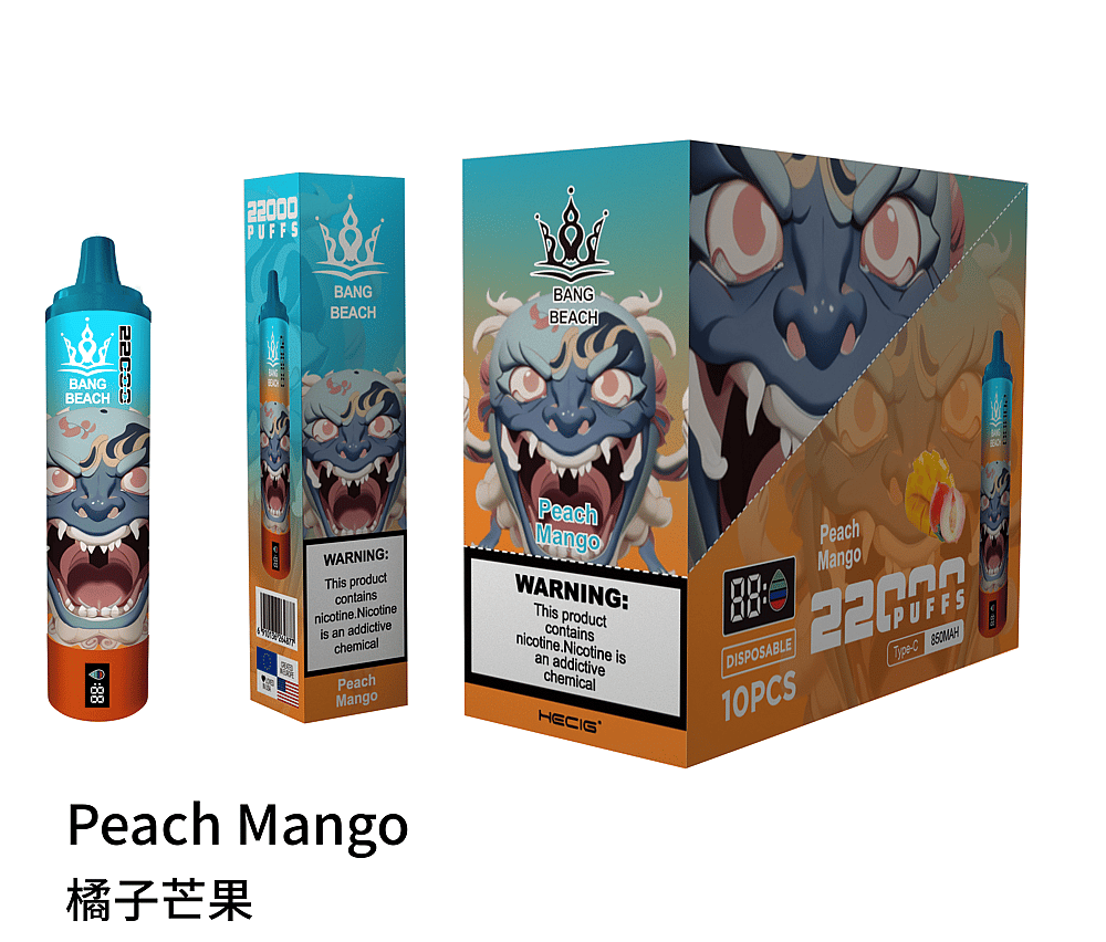 Envase de vape desechable Bang Beach Peach Mango con 22.000 bocanadas, que presenta una feroz ilustración de un dragón azul y una etiqueta de advertencia sobre la adicción a la nicotina.