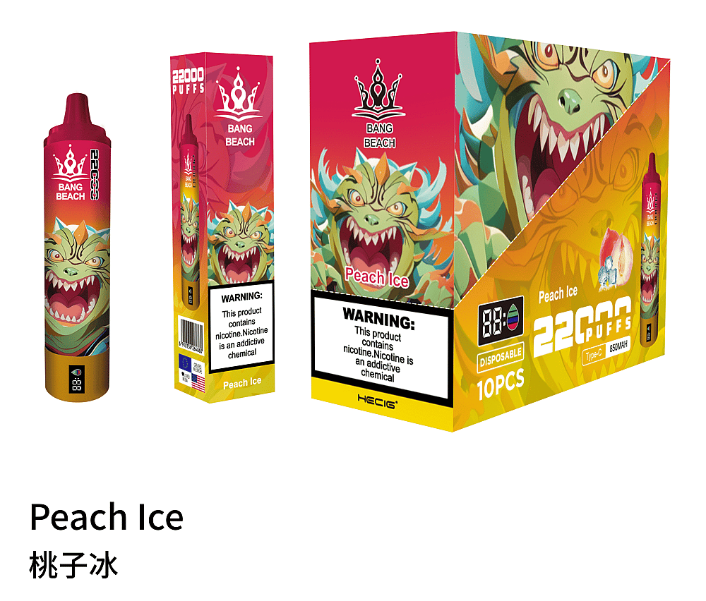 Vape desechable Peach Ice con 22.000 bocanadas, con diseño de dragón en el empaque y etiqueta de advertencia de nicotina.