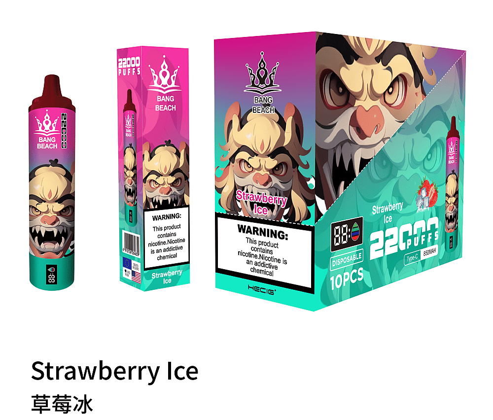 Embalaje de vaporizador desechable Strawberry Ice que presenta un feroz personaje de dibujos animados con una advertencia sobre la adicción a la nicotina.