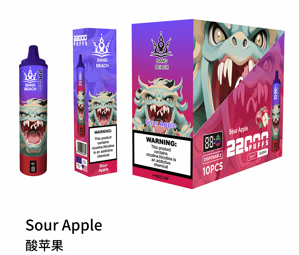 Sour Apple flavored disposable vape with 22,000 puffs, featuring a dragon illustration on the packaging and warning label indicating nicotine content.