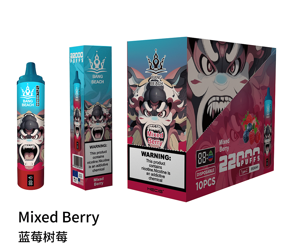 "Paquete de un vaporizador desechable etiquetado como 'Bang Beach Mixed Berry', que presenta un personaje de dibujos animados agresivo y advertencias sobre el contenido de nicotina, con 22.000 bocanadas y un cargador tipo C".
