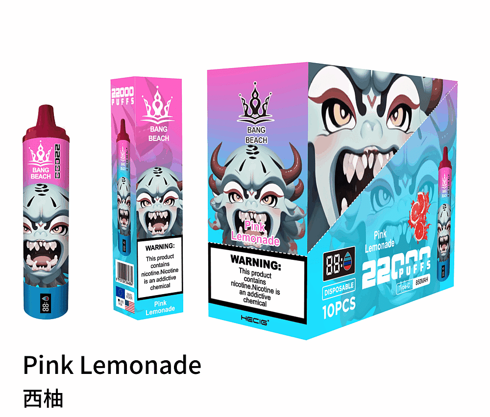 "Bang Beach Pink Lemonade disposable vape with 22000 puffs, featuring a monster graphic design, LCD screen, 850mAh battery, and packaging in blue and pink tones."