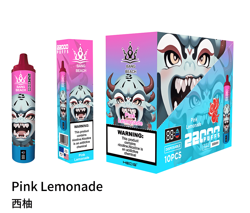 "Vape desechable Bang Beach Pink Lemonade con 22000 bocanadas, con un diseño gráfico monstruoso, pantalla LCD, batería de 850 mAh y empaque en tonos azul y rosa".