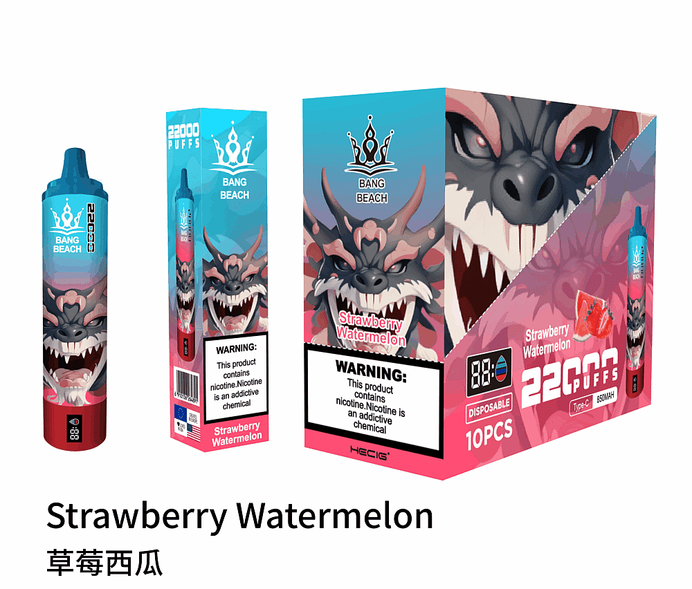 Strawberry Watermelon vape device packaging featuring a dragon illustration, 22000 puffs, with nicotine warning label.