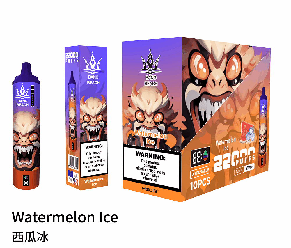 Watermelon Ice disposable vape packaging with a fierce cartoon character, 22,000 puffs label, and nicotine warning.