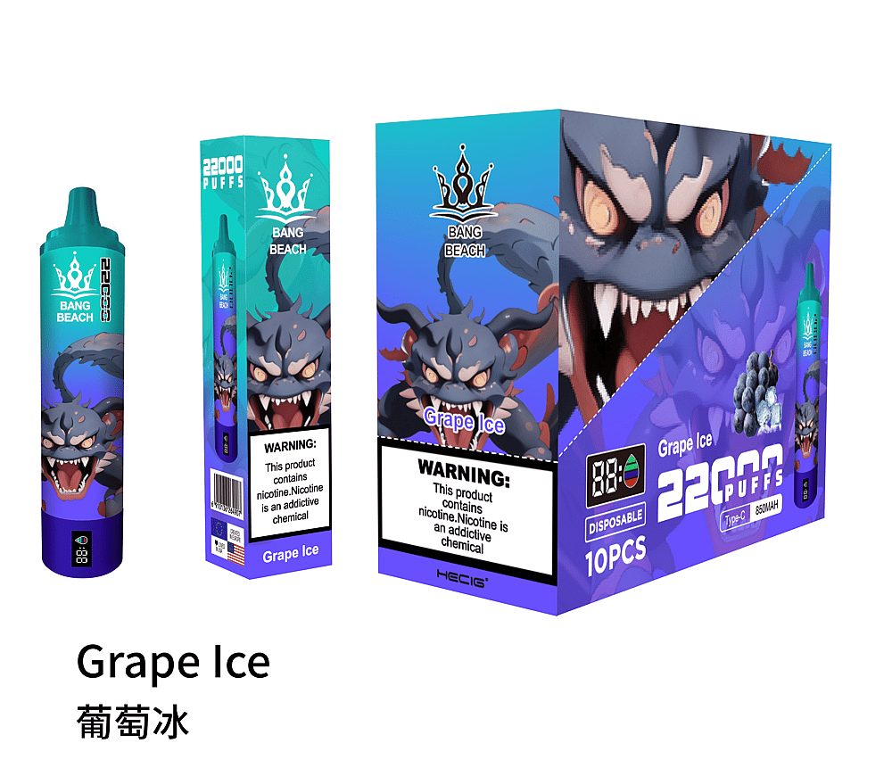 Empaque del producto de vapeo Grape Ice con un gráfico de monstruo, 22 000 bocanadas y etiquetas de advertencia de nicotina.