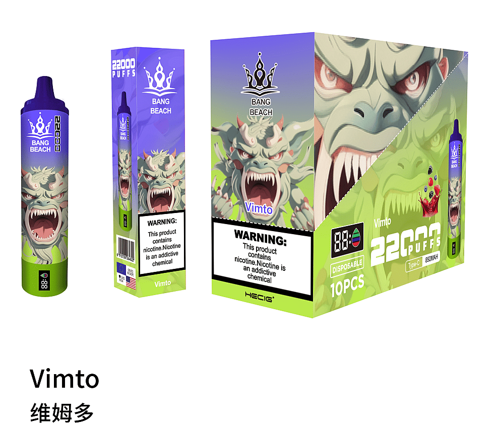 Un vaporizador desechable con la etiqueta "Bang Beach" y un diseño de dragón, con 22.000 caladas y un sabor llamado "Vimto". El paquete incluye una advertencia sobre la nicotina y muestra el producto con un esquema de colores verde y violeta.