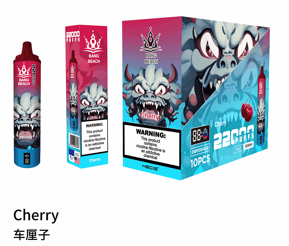 Cherry-flavored disposable vape device with 22,000 puffs, featuring a monster design and nicotine addiction warning.