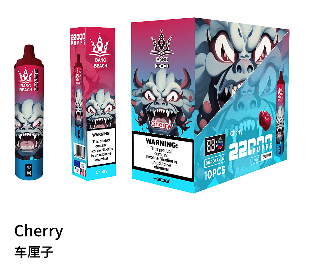 Dispositivo de vapeo desechable con sabor a cereza con 22.000 bocanadas, diseño monstruoso y advertencia de adicción a la nicotina.