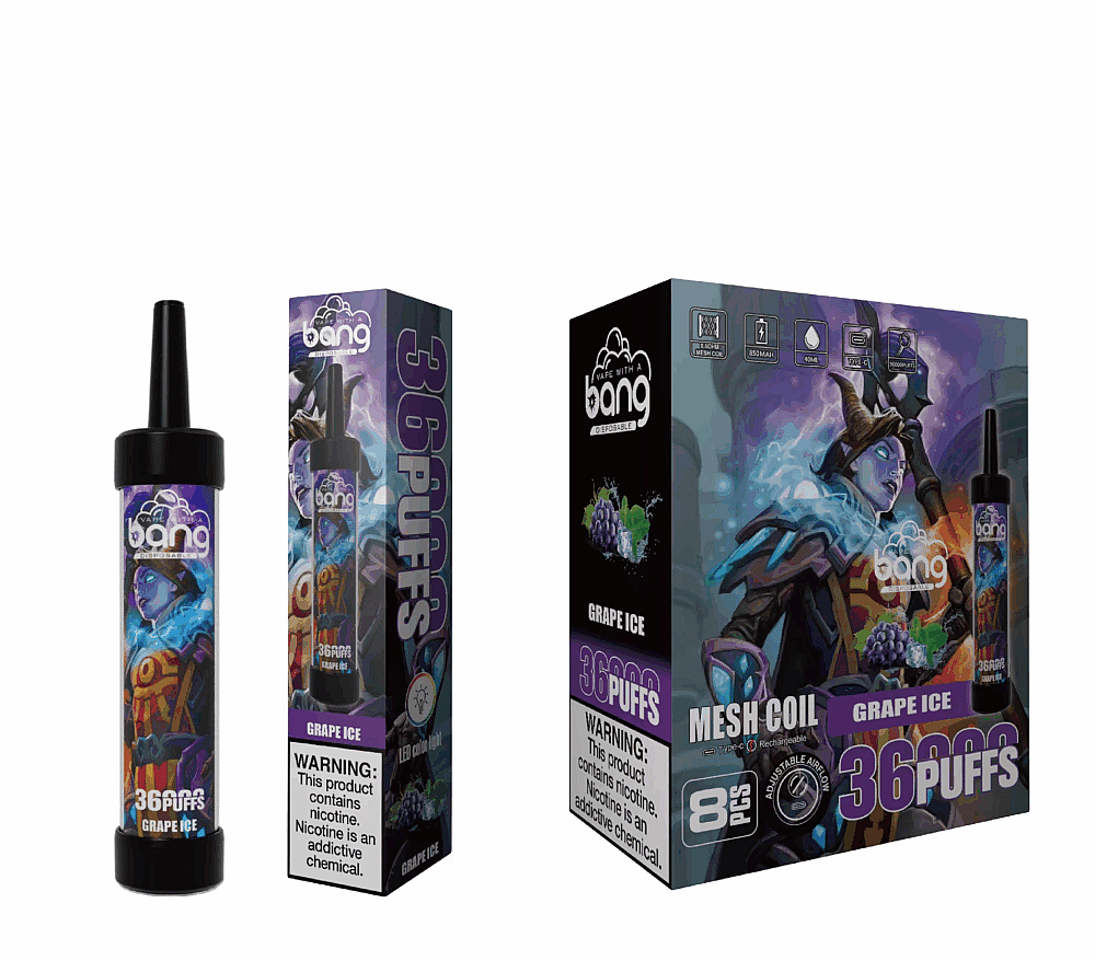 Bang vape product packaging featuring a grape ice flavor. The product claims 36 puffs and includes warnings about nicotine. The design showcases a character in fantasy armor.
