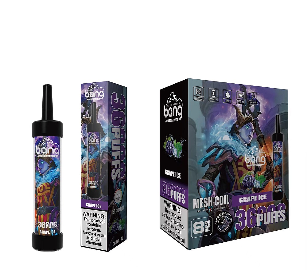 Bang vape product packaging featuring a grape ice flavor. The product claims 36 puffs and includes warnings about nicotine. The design showcases a character in fantasy armor.