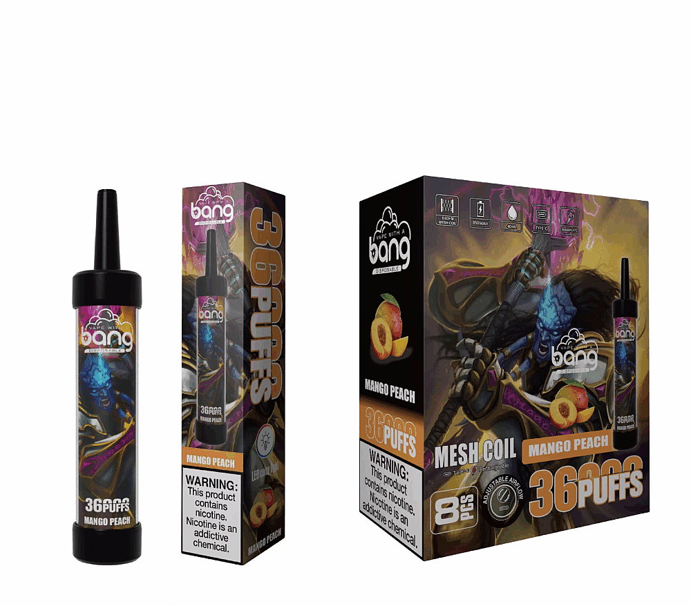 "Mango Peach flavored vape with 36 puffs, featuring vibrant packaging with a fantasy character and fruit imagery."