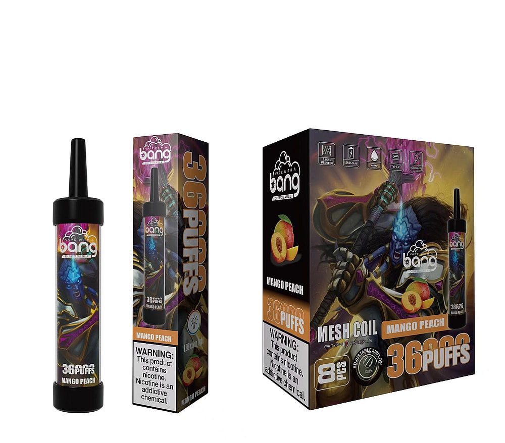 "Mango Peach flavored vape with 36 puffs, featuring vibrant packaging with a fantasy character and fruit imagery."