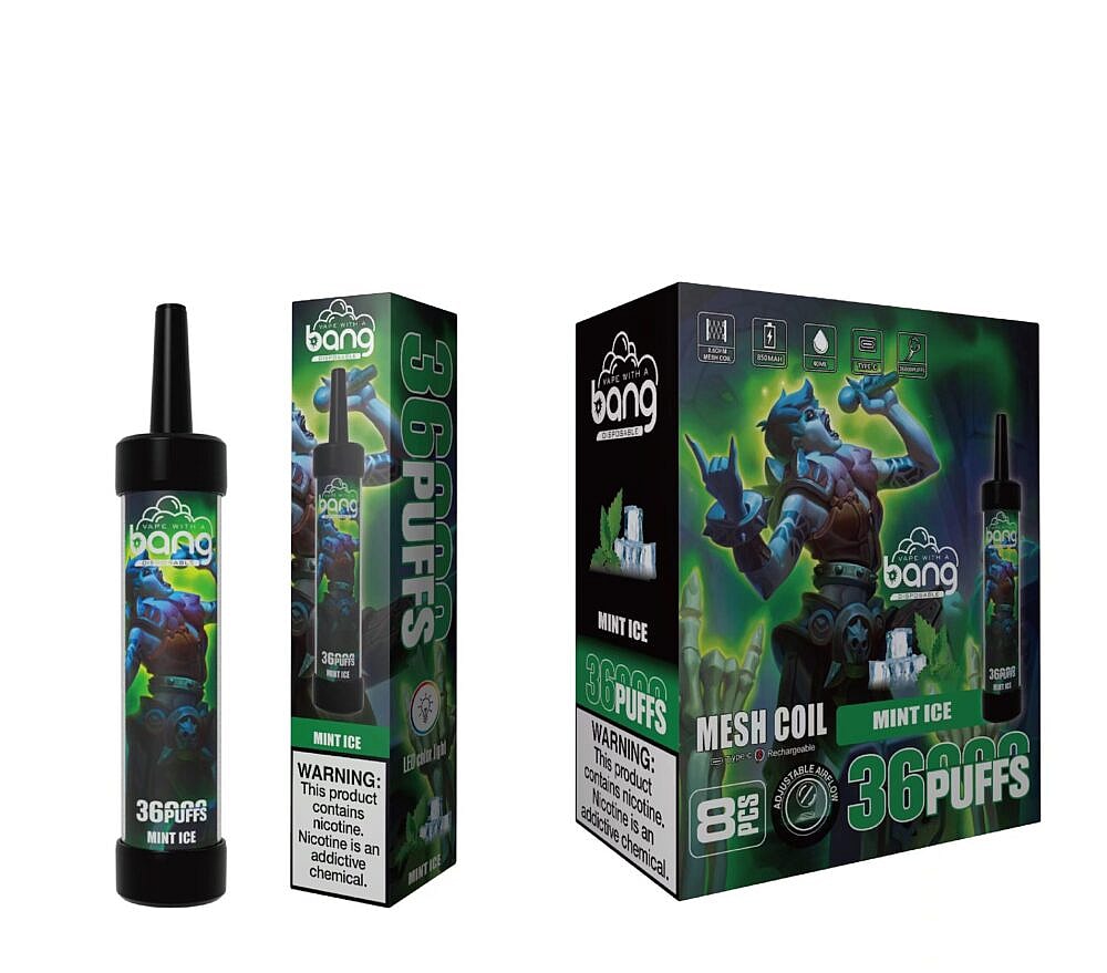"Bang disposable vape device and packaging featuring a mint ice flavor with a fantasy-themed character on the box."