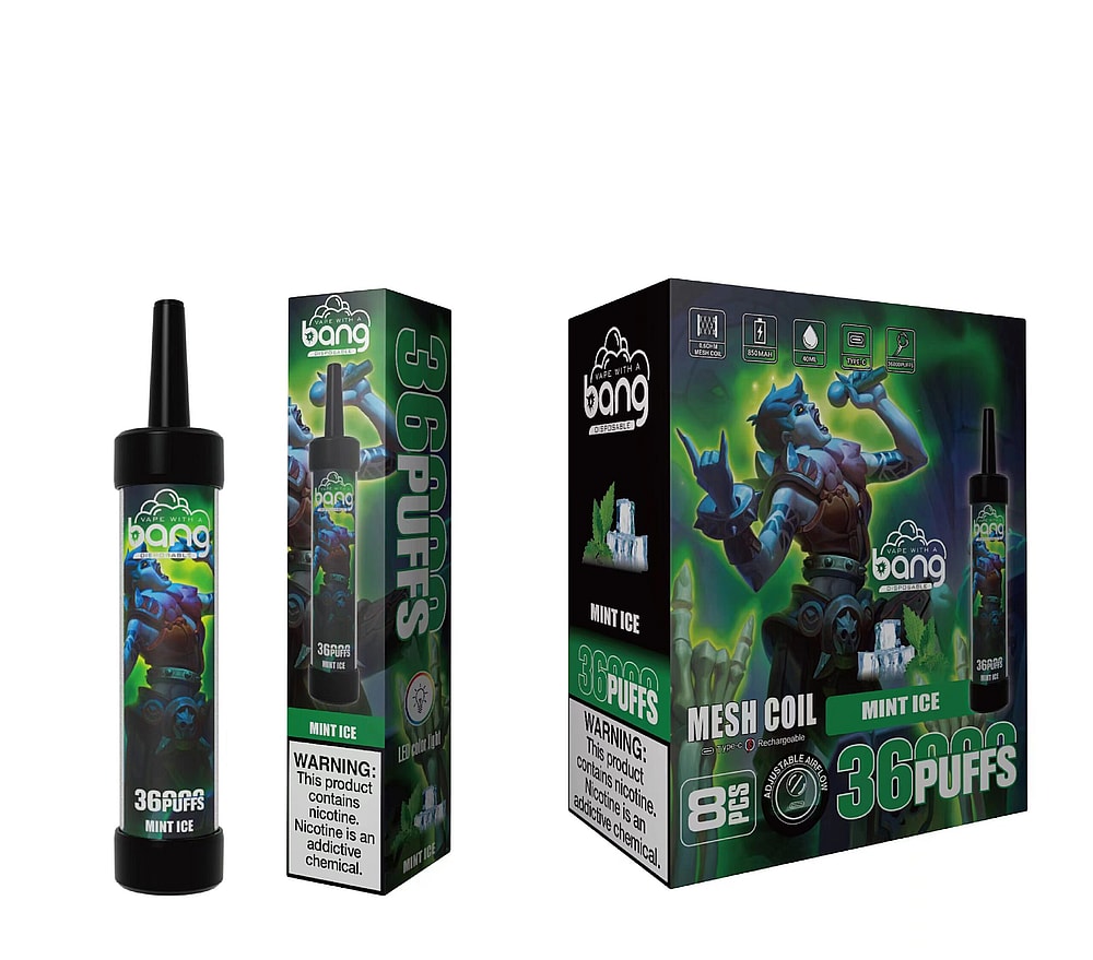 "Bang disposable vape device and packaging featuring a mint ice flavor with a fantasy-themed character on the box."
