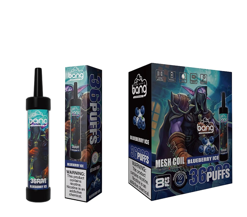 Bang Blueberry Ice disposable vape with a dark fantasy-themed design on the packaging, featuring a character resembling a night elf and blueberry imagery. The product is labeled with "36 PUFFS" and nicotine warnings.