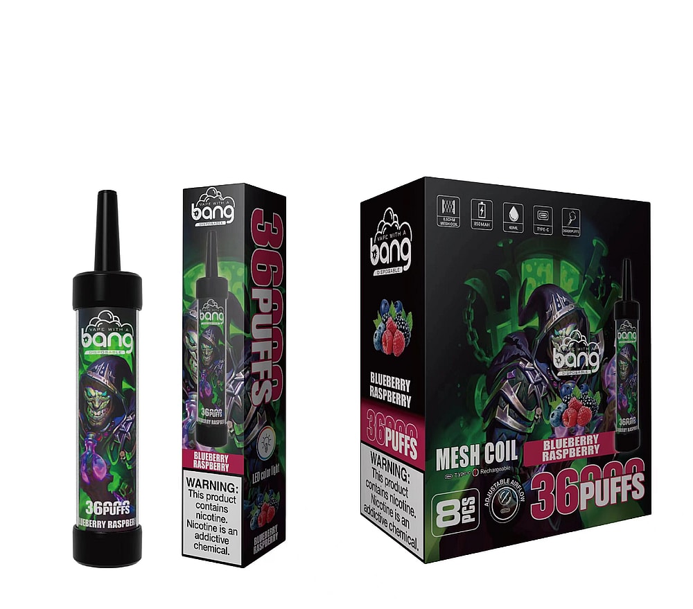 Bang disposable vape product with blueberry raspberry flavor, featuring a dark-themed design with a skull character, labeled "36 Puffs" on the packaging.