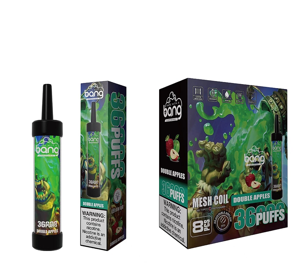 Bang Double Apples disposable vape packaging with a green-themed design, featuring an illustrated monster and apples, labeled "36 puffs" and "8 types of adjustable airflow."