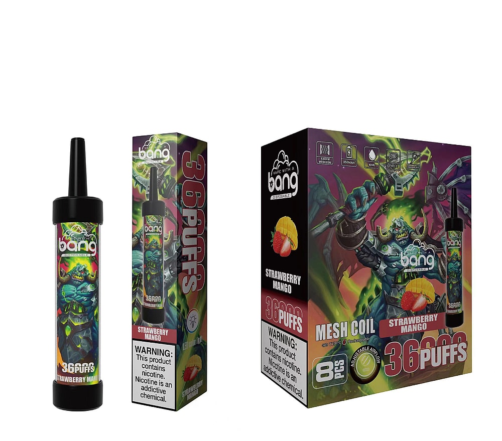 Bang disposable vape packaging in strawberry mango flavor, featuring a colorful fantasy character with 36 puffs labeled.