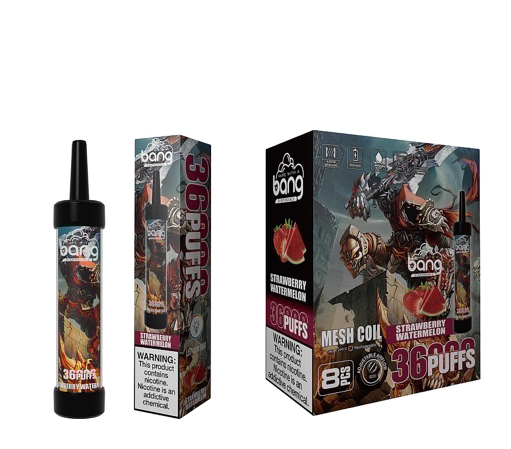Bang disposable vape product packaging featuring a "Strawberry Watermelon" flavor, 36 puffs, with a fantasy-themed design of a warrior character on the box and vape device.