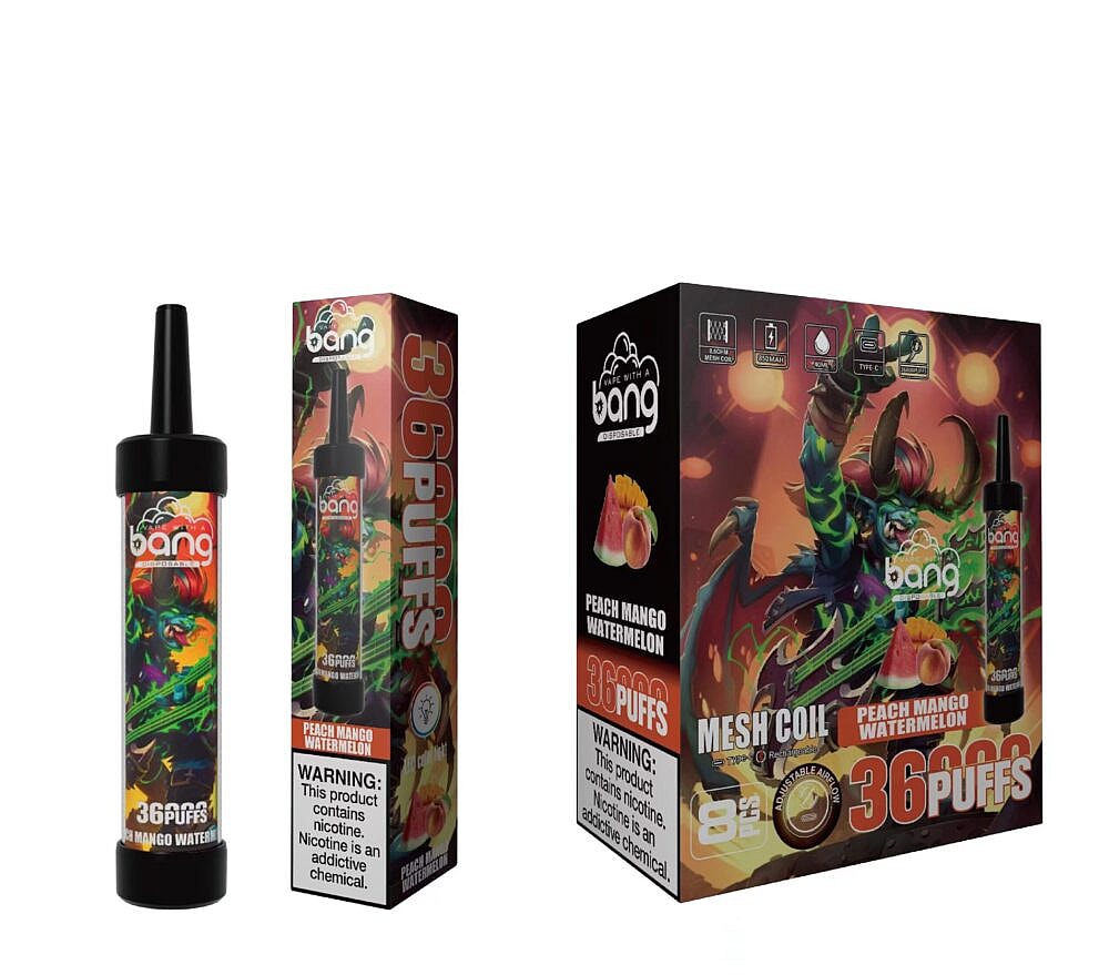 Bang disposable vape packaging for "Peach Mango Watermelon" flavor, featuring 36 puffs, a colorful fantasy-themed character design, and a nicotine warning label.
