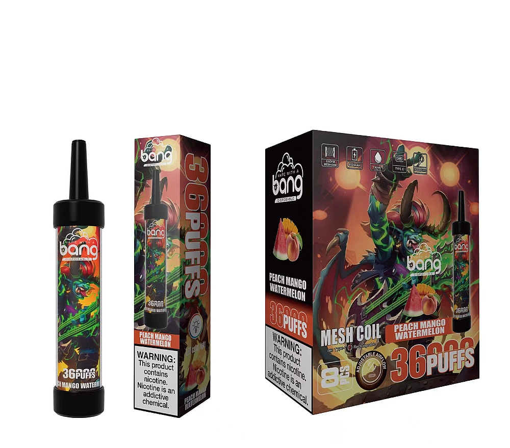 Bang disposable vape packaging for "Peach Mango Watermelon" flavor, featuring 36 puffs, a colorful fantasy-themed character design, and a nicotine warning label.