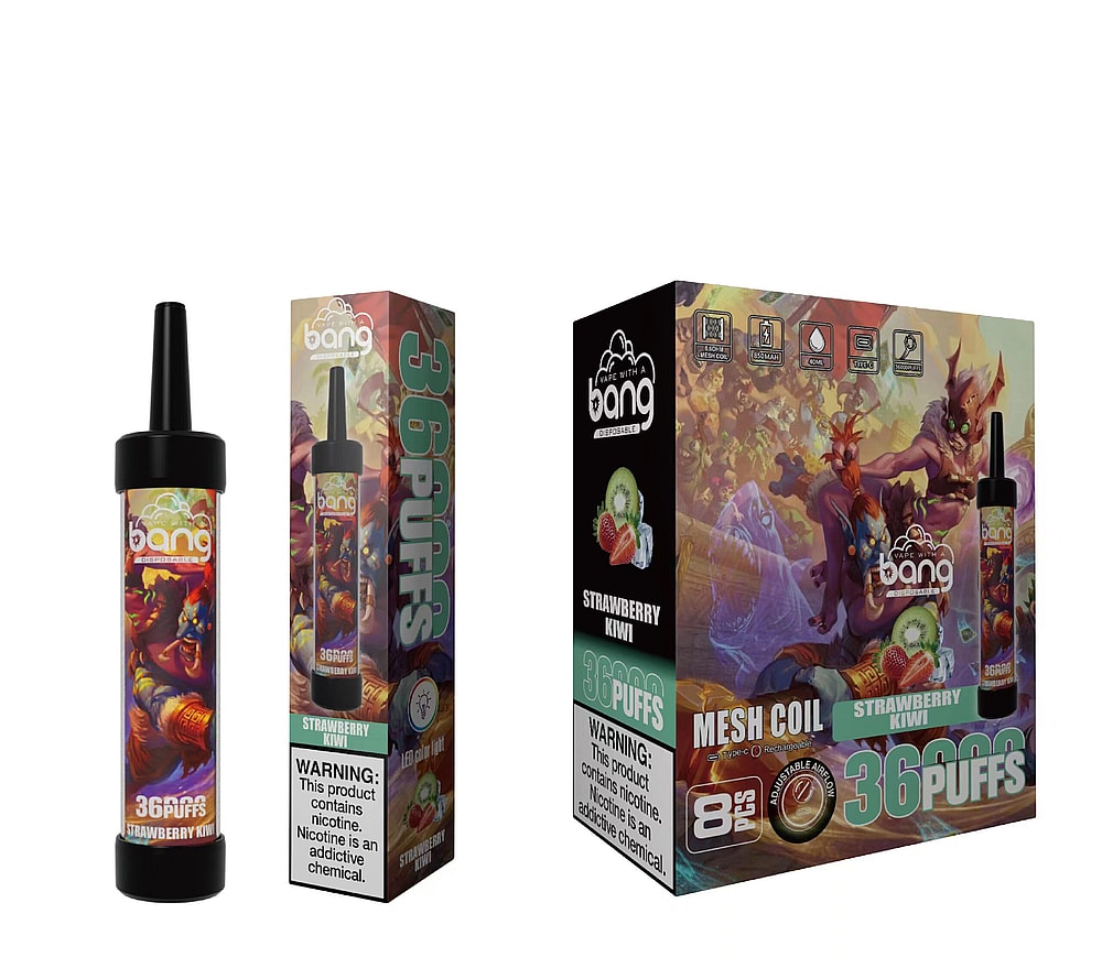 A strawberry kiwi-flavored disposable vape with 3600 puffs displayed alongside its packaging, which features colorful fantasy-themed artwork and warning labels.