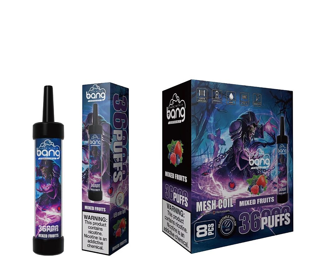 Disposable vape device and packaging featuring a mixed fruits flavor with a warning label indicating nicotine content.