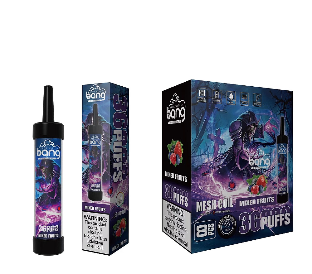 Disposable vape device and packaging featuring a mixed fruits flavor with a warning label indicating nicotine content.