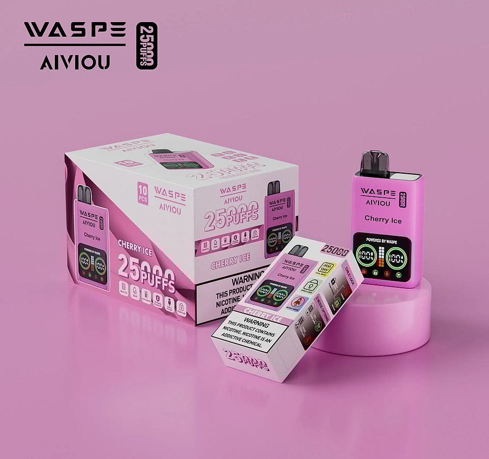 Un dispositivo per svapare rosa con l'etichetta "WASPE AIVIOU Cherry Ice 2500 Puffs" accanto alla confezione che riporta avvertenze e dettagli del prodotto.