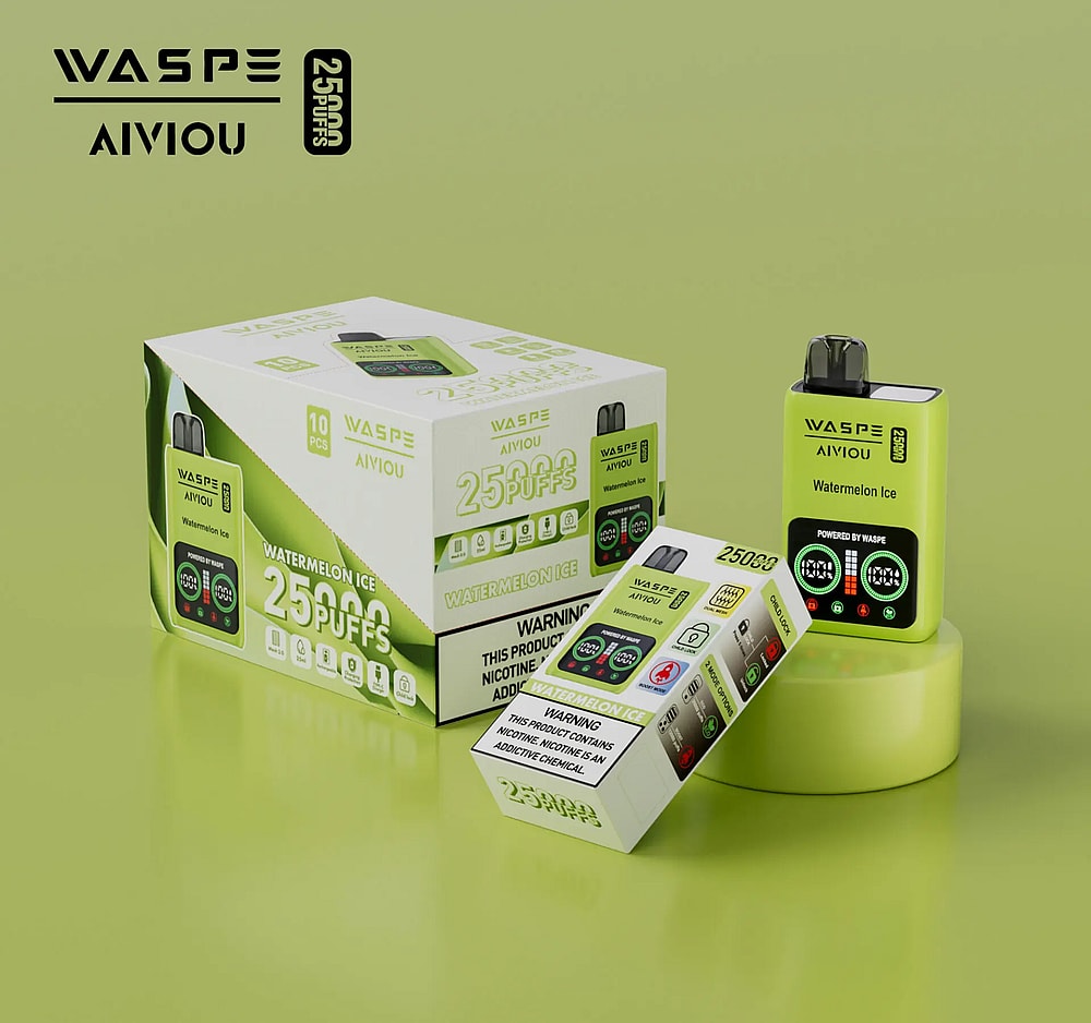 Confezione del dispositivo per svapo WASPE AIVIOU Watermelon Ice con 25.000 boccate, avviso di nicotina e schema di colori verde.
